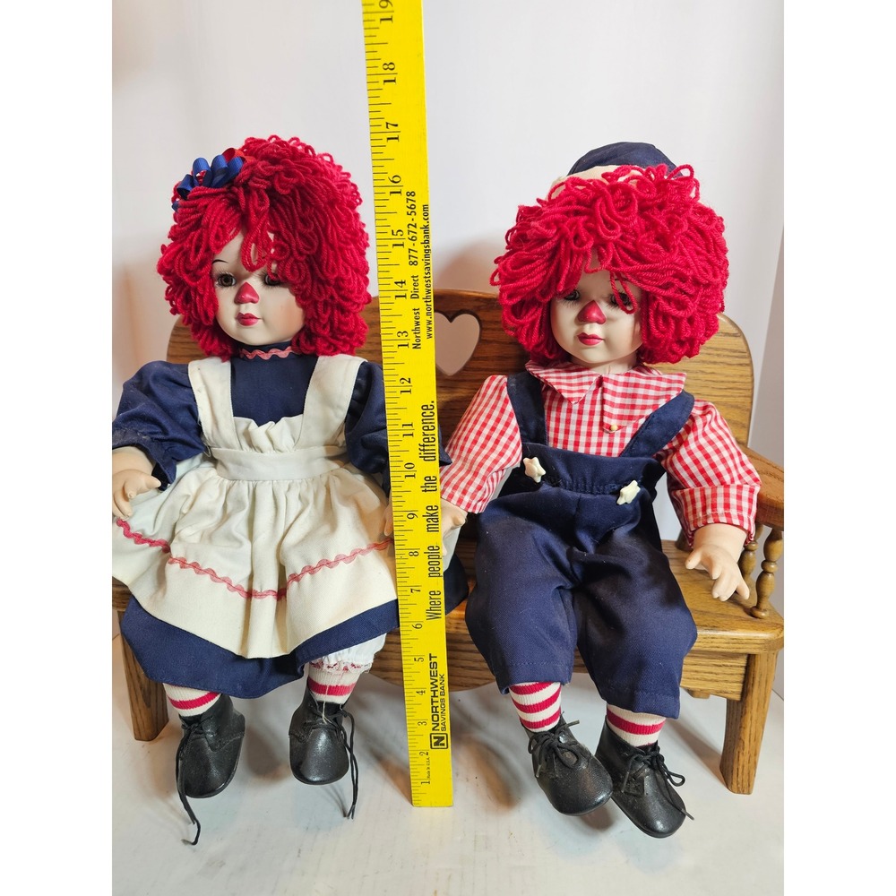 Vintage Porcelain Raggedy Ann and Andy Style Doll Set with Wooden Heart Bench